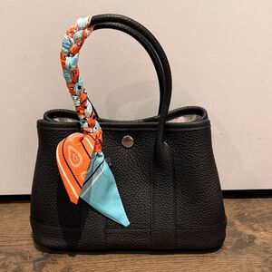 mini garden Black Leather Handbag with Scarf Accent